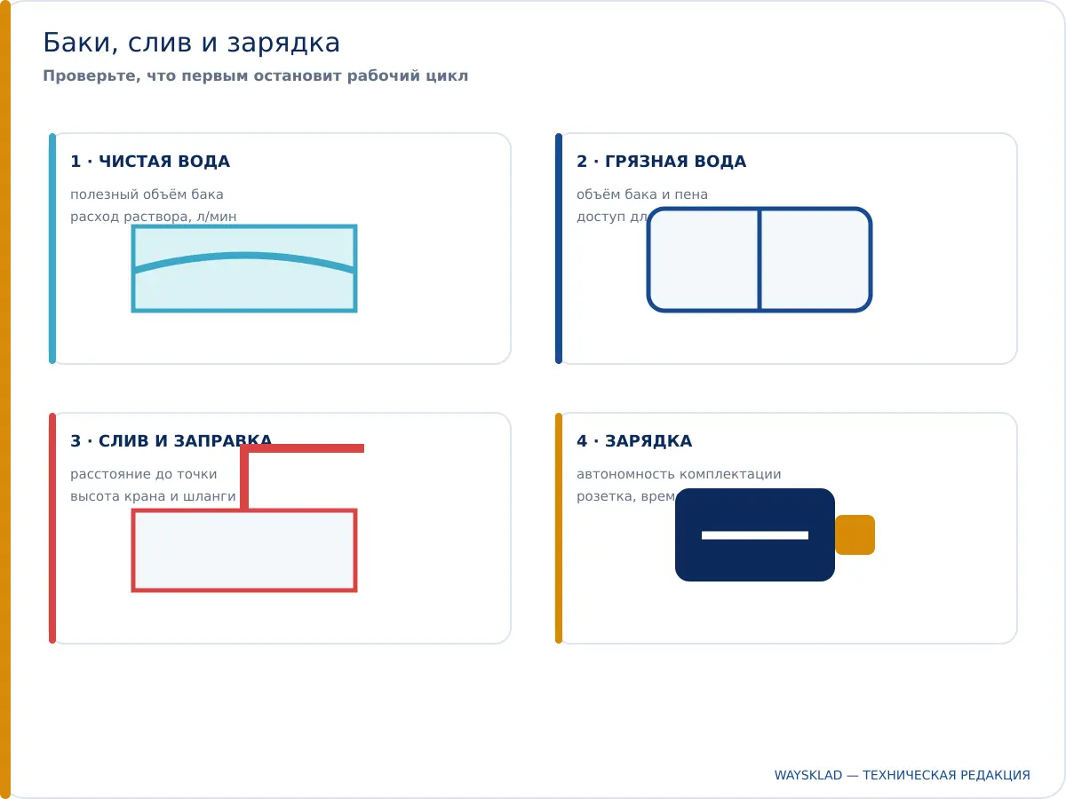 Баки чистой и грязной воды, слив и зарядка поломоечной машины