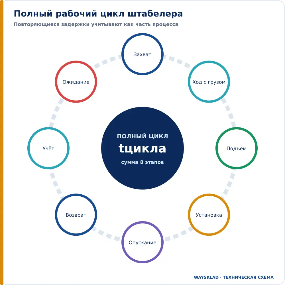 Полный рабочий цикл самоходного штабелера