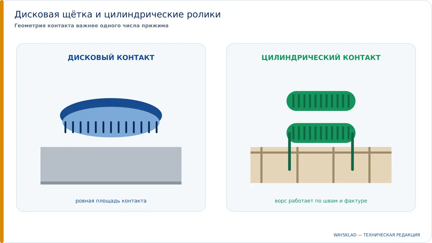 Контакт дисковой щётки и цилиндрических роликов с полом
