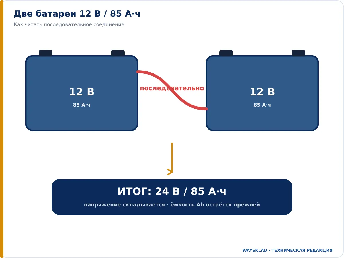 Последовательное соединение двух аккумуляторов 12 В 85 Ач