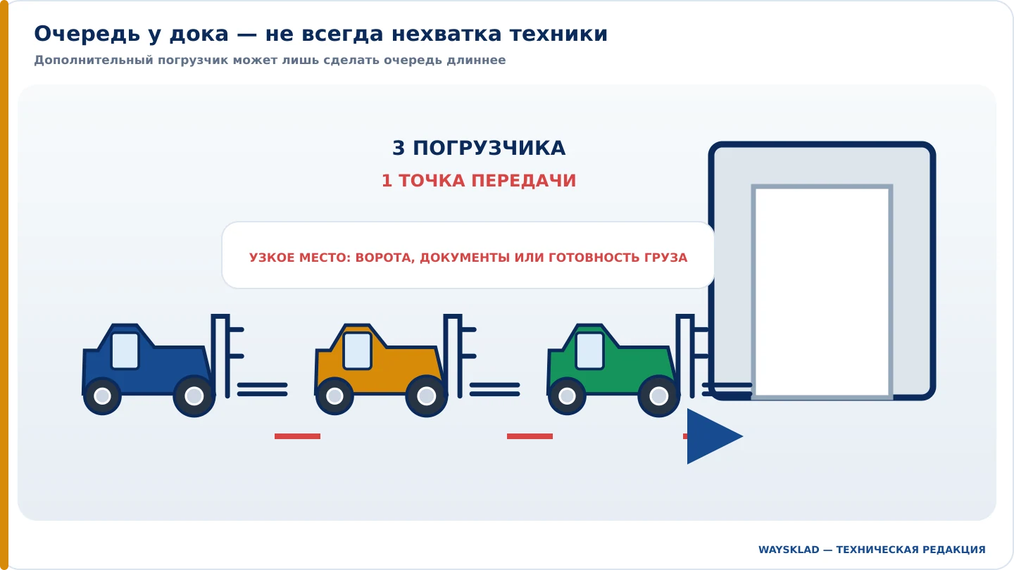 Очередь вилочных погрузчиков у складского дока