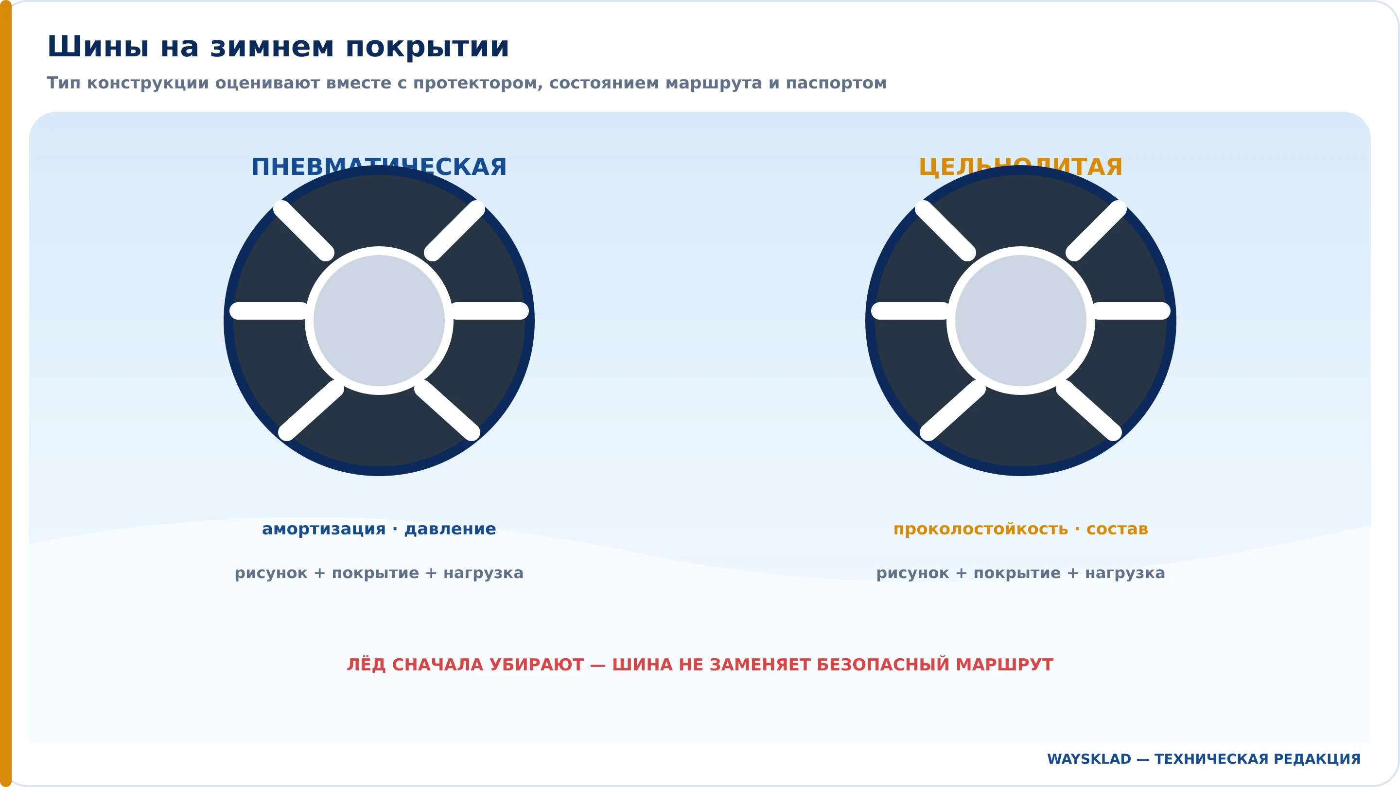 Пневматическая и цельнолитая шины вилочного погрузчика на снегу