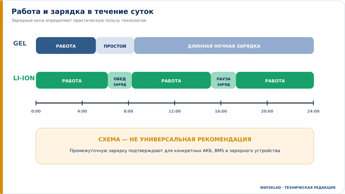 График работы и зарядки штабелера в течение суток