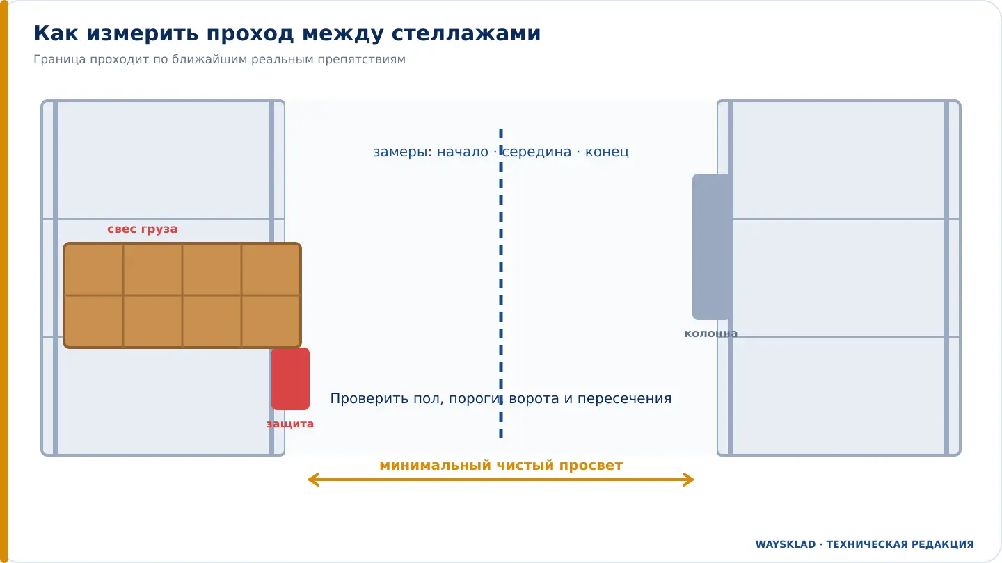 Замер минимального свободного прохода между стеллажами с учётом защиты стоек колонн и свеса палет