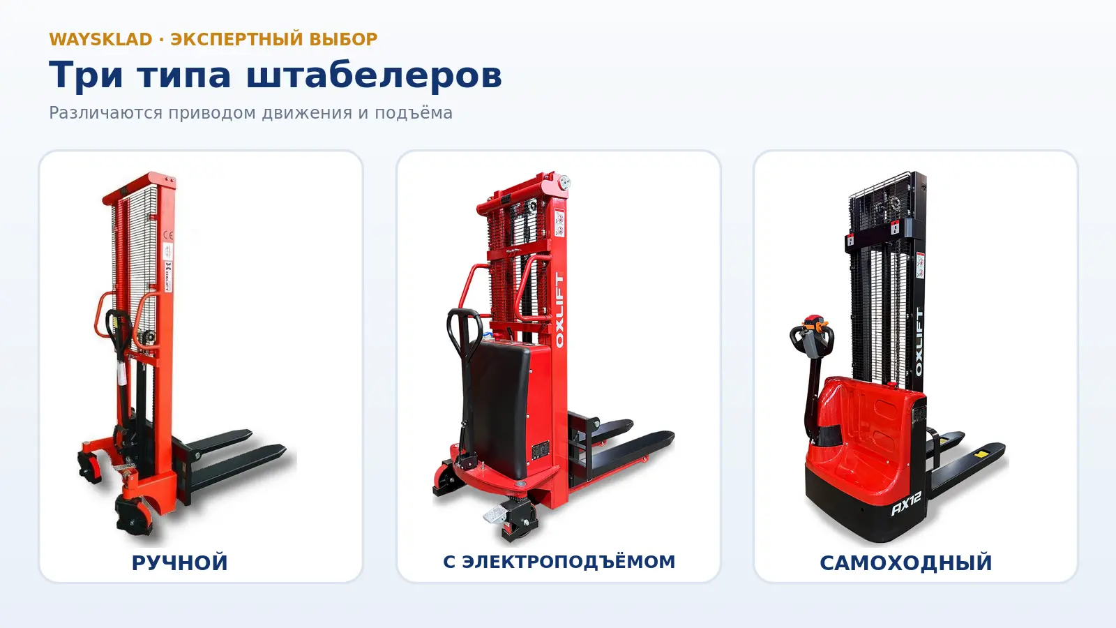 Ручной, полуэлектрический и самоходный штабелеры на складе