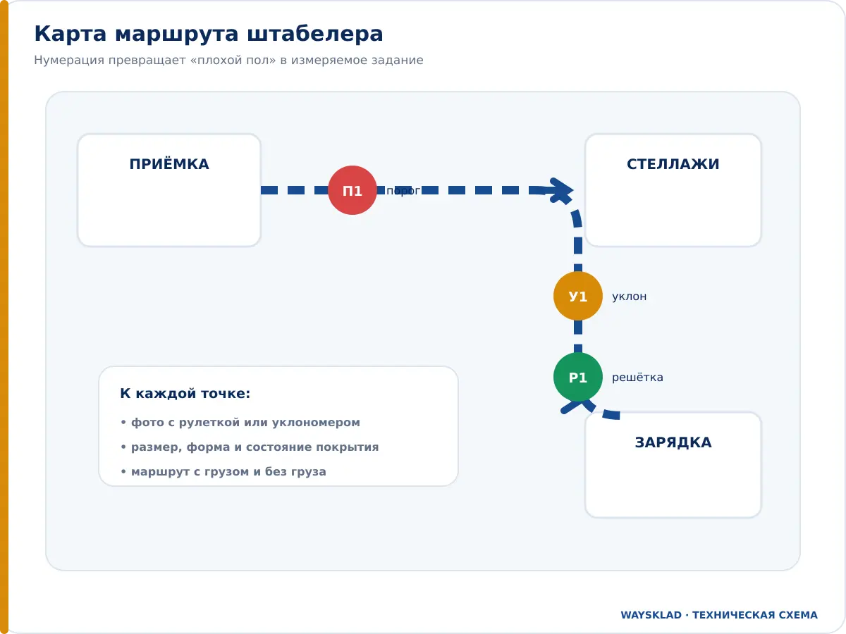 Карта маршрута штабелера с порогом, уклоном и решёткой