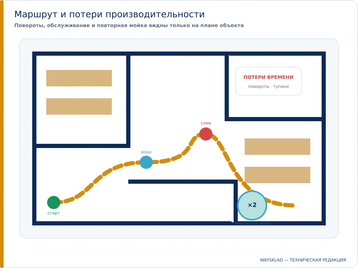 Маршрут поломоечной машины с поворотами, препятствиями и точкой слива