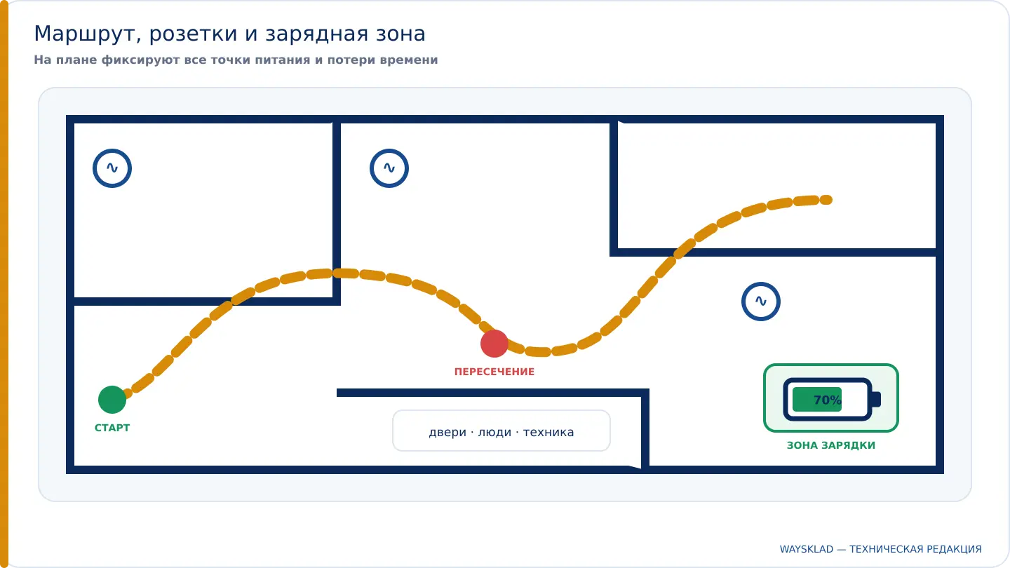 План маршрута поломоечной машины с розетками и зоной зарядки