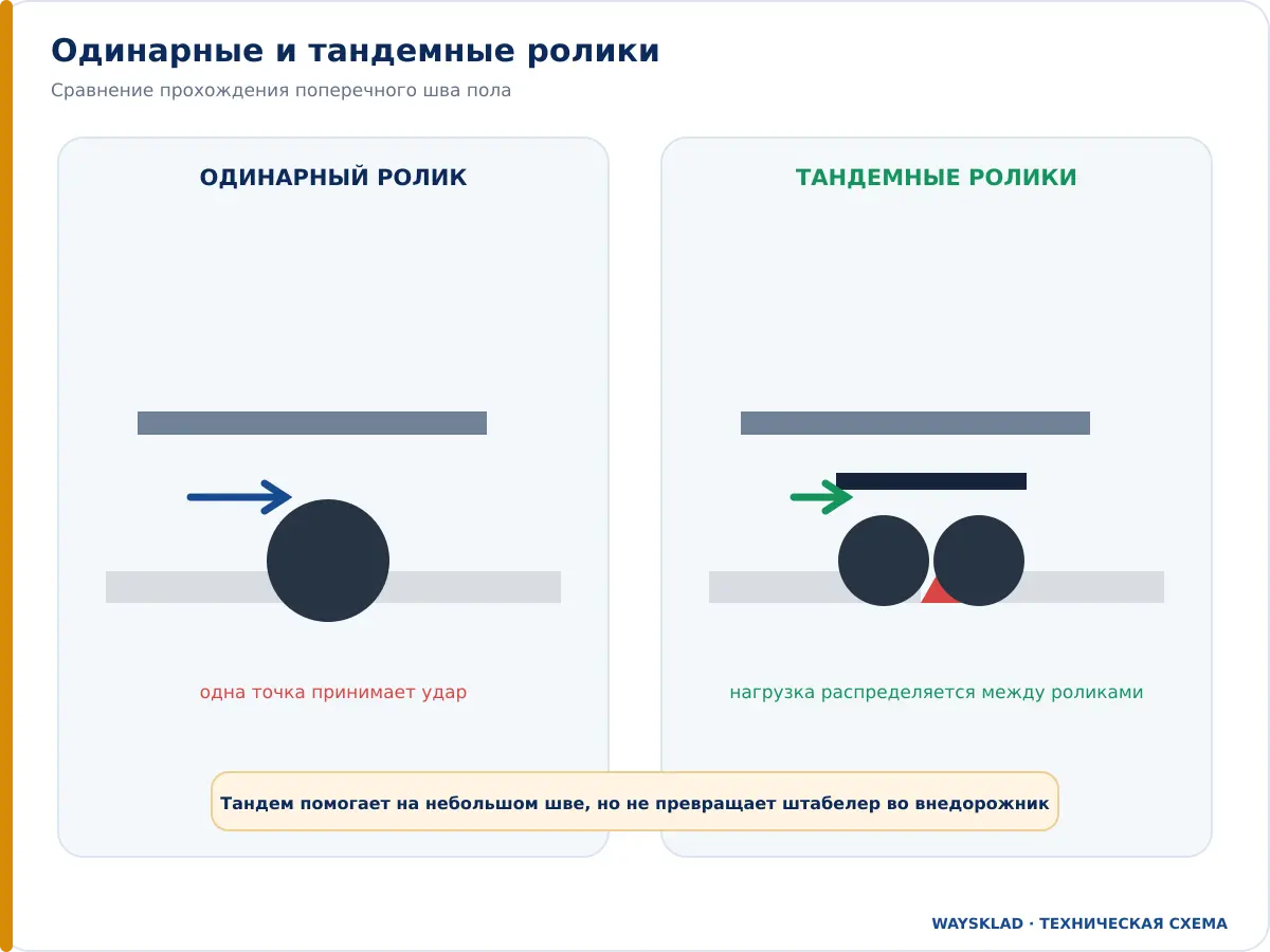 Одинарные и тандемные ролики штабелера на шве пола
