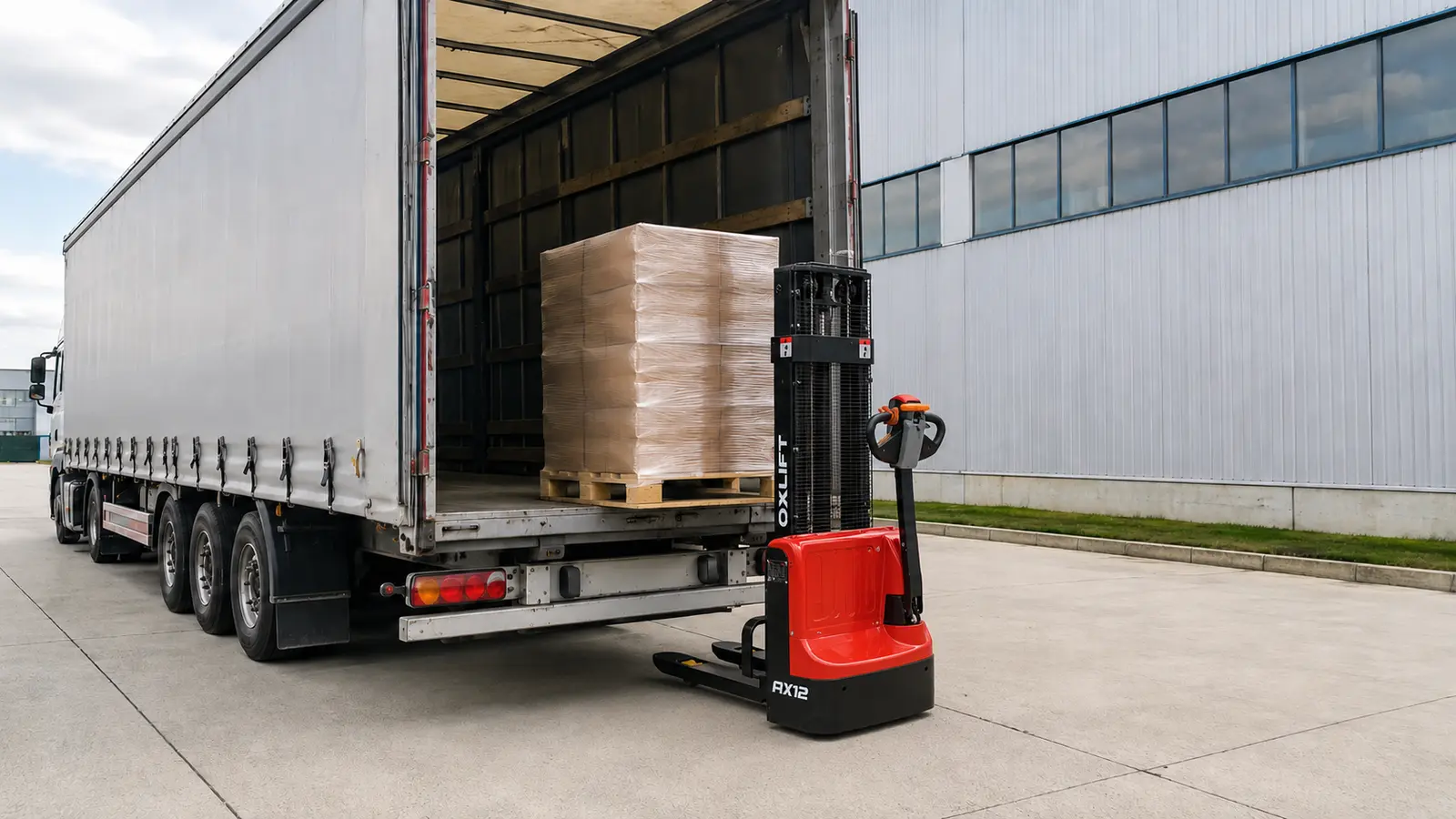 Штатный самоходный штабелер OXLIFT AX12 рядом с грузовым автомобилем при разгрузке палеты
