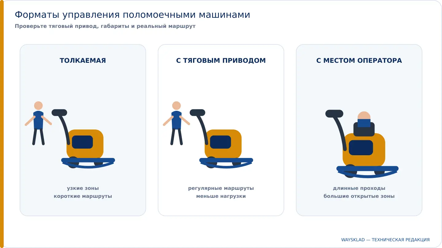 Толкаемая, сопровождаемая самоходная и поломоечная машина с местом оператора
