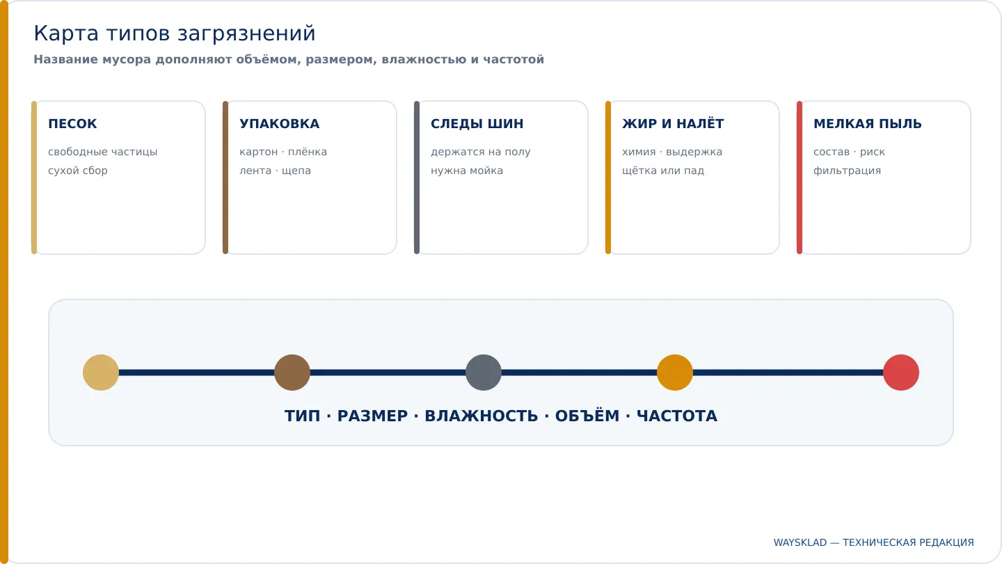 Песок, упаковочный мусор, следы шин и пятна на промышленном полу