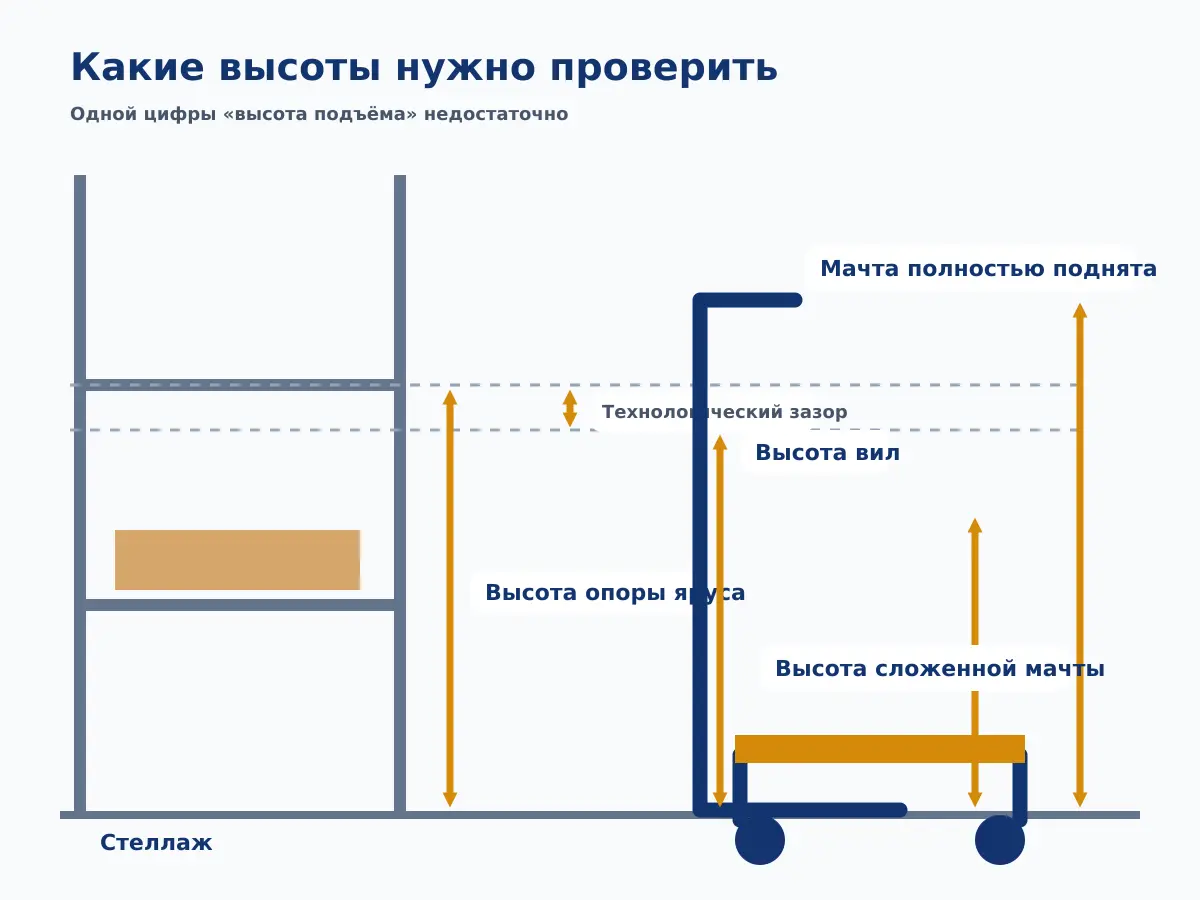 Схема измерения высоты подъёма и габаритов мачты штабелера