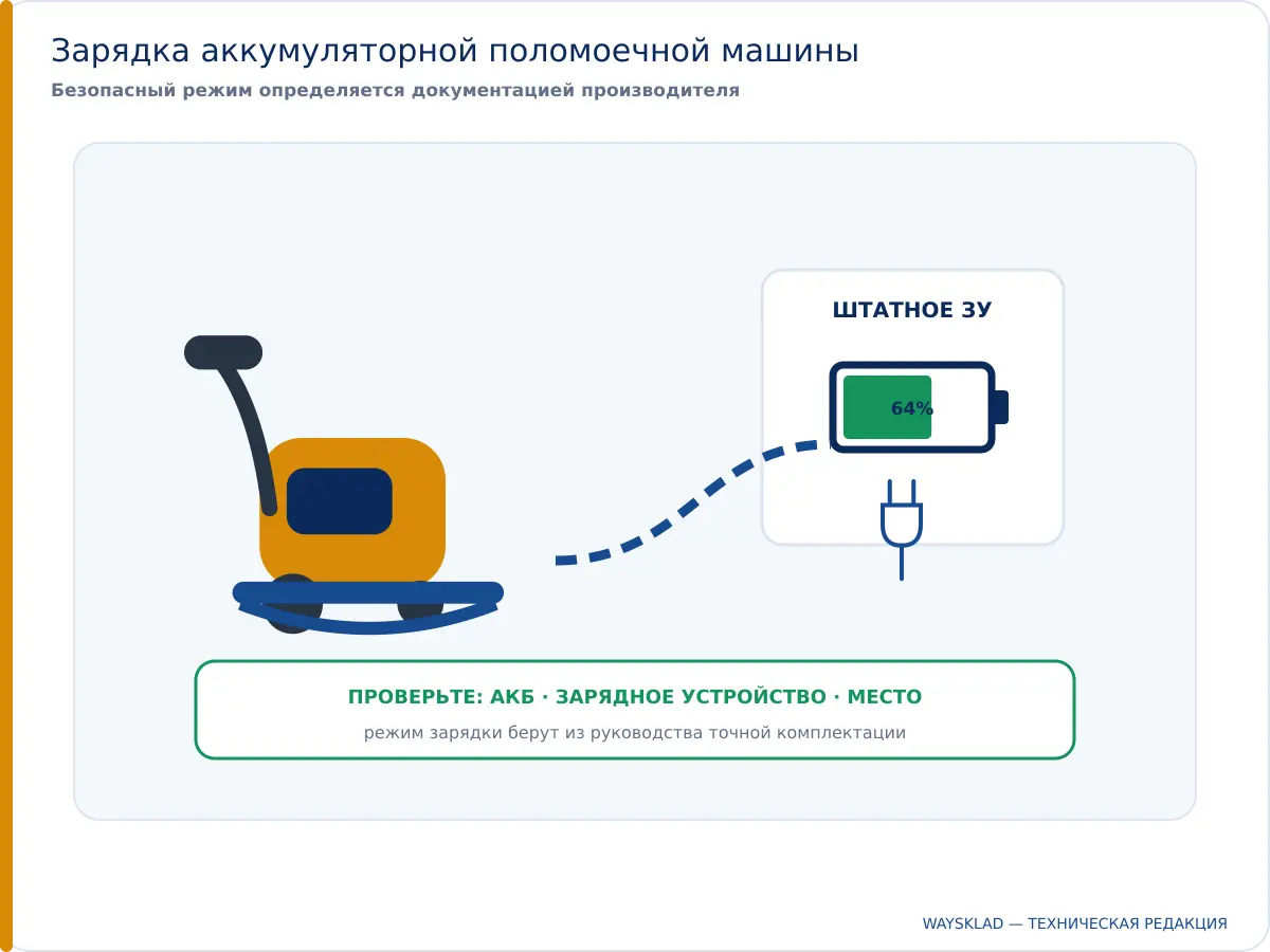 Аккумуляторная поломоечная машина подключена к штатному зарядному устройству