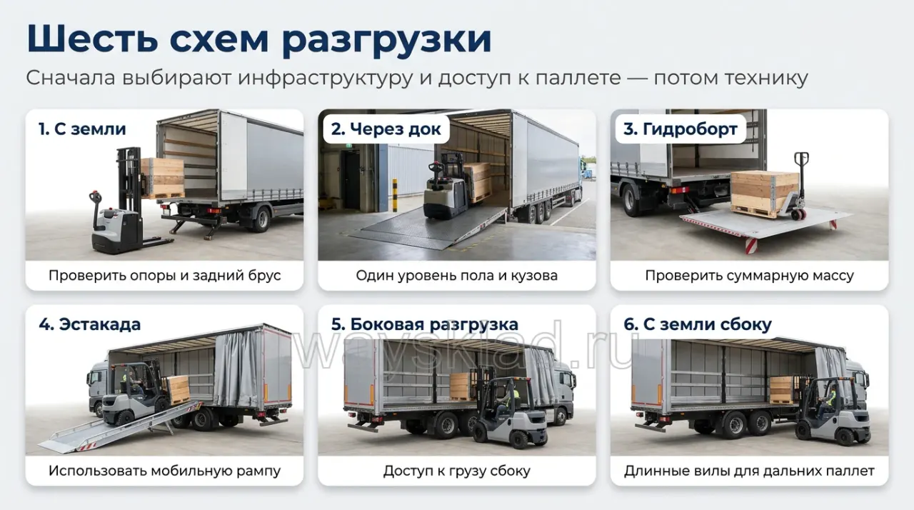 Шесть схем разгрузки грузового автомобиля штабелером и другой складской техникой