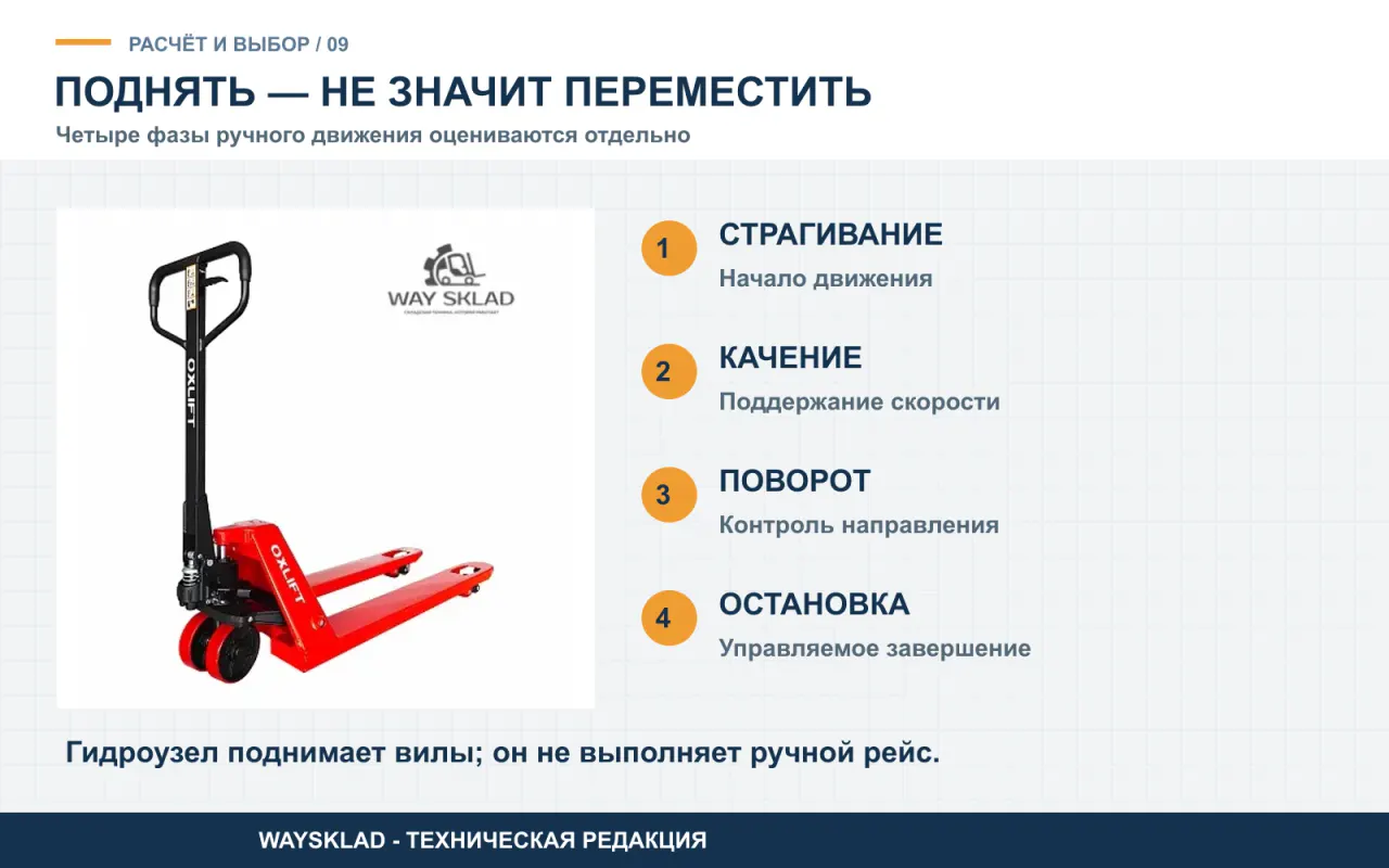 Страгивание, качение, поворот и остановка паллетной тележки