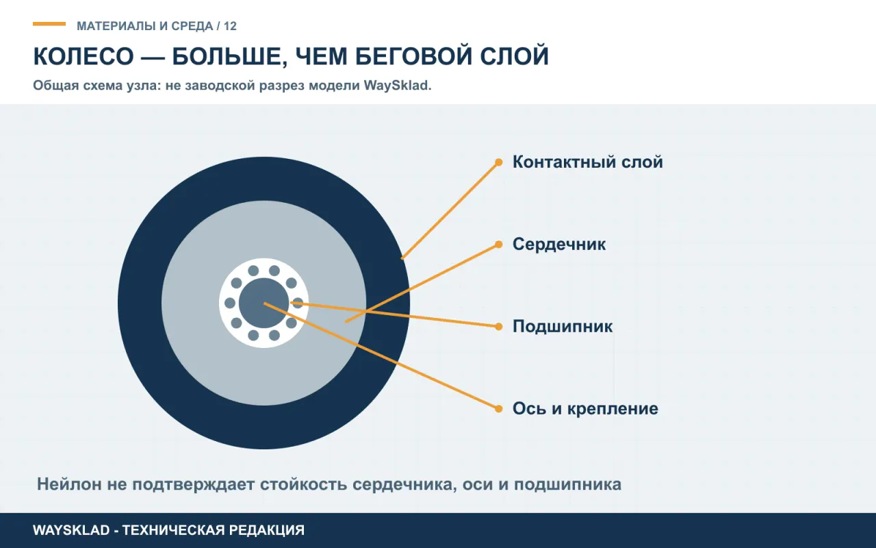 Колесо тележки: отдельно проверяют контактный слой, сердечник, ось и подшипник