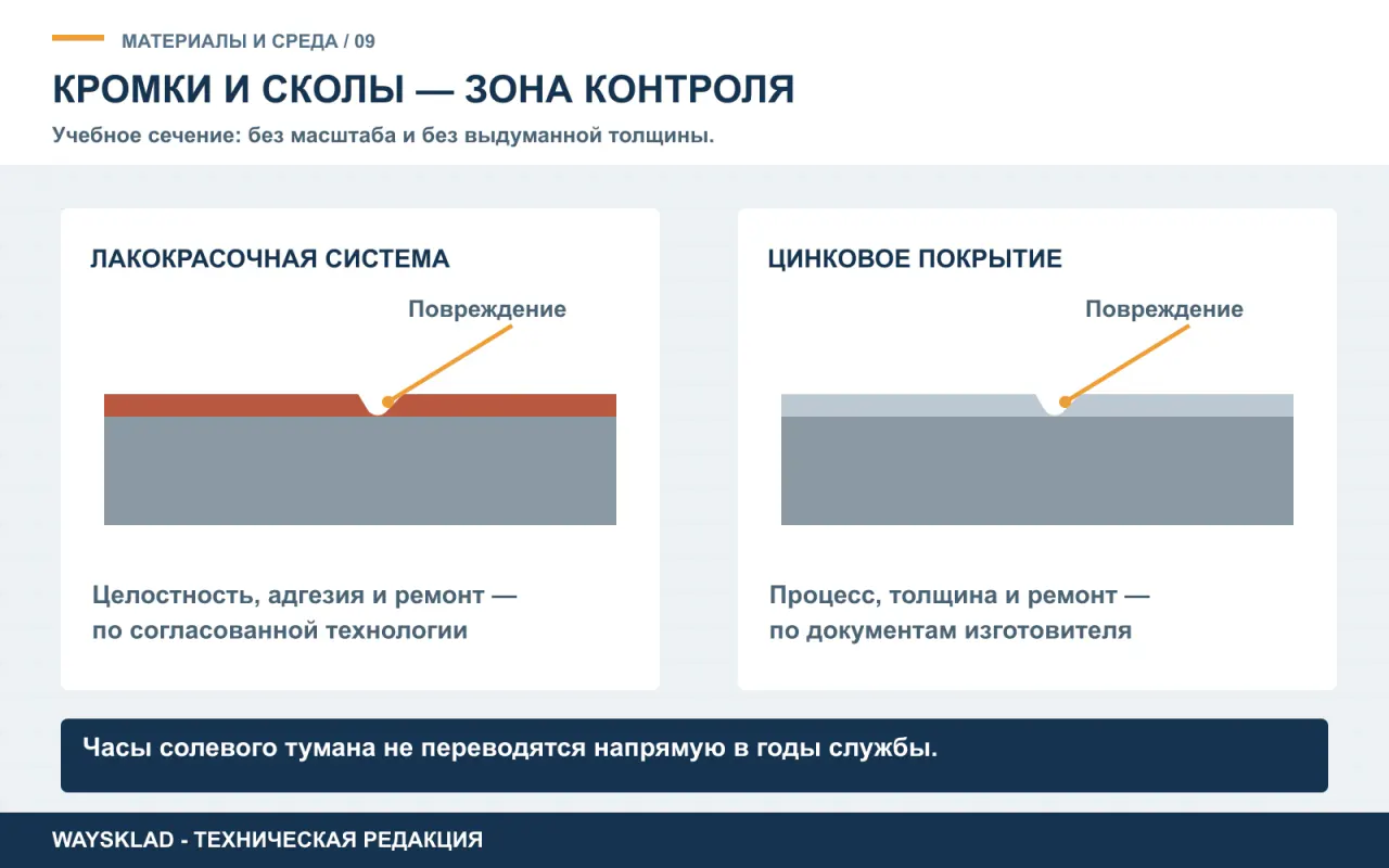 Осмотр кромок и мест повреждения лакокрасочного и цинкового покрытия тележки