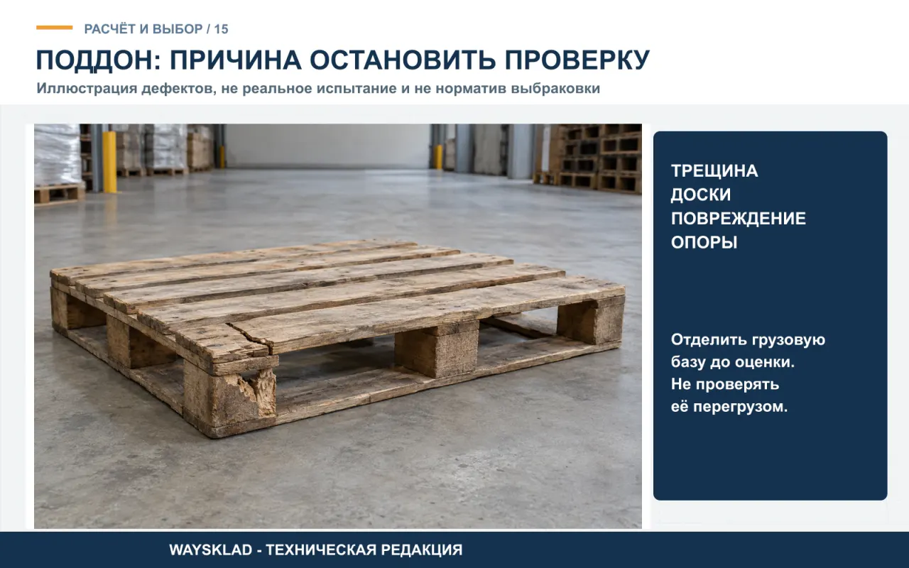 Иллюстрация треснувшей доски и повреждённой опоры пустого поддона