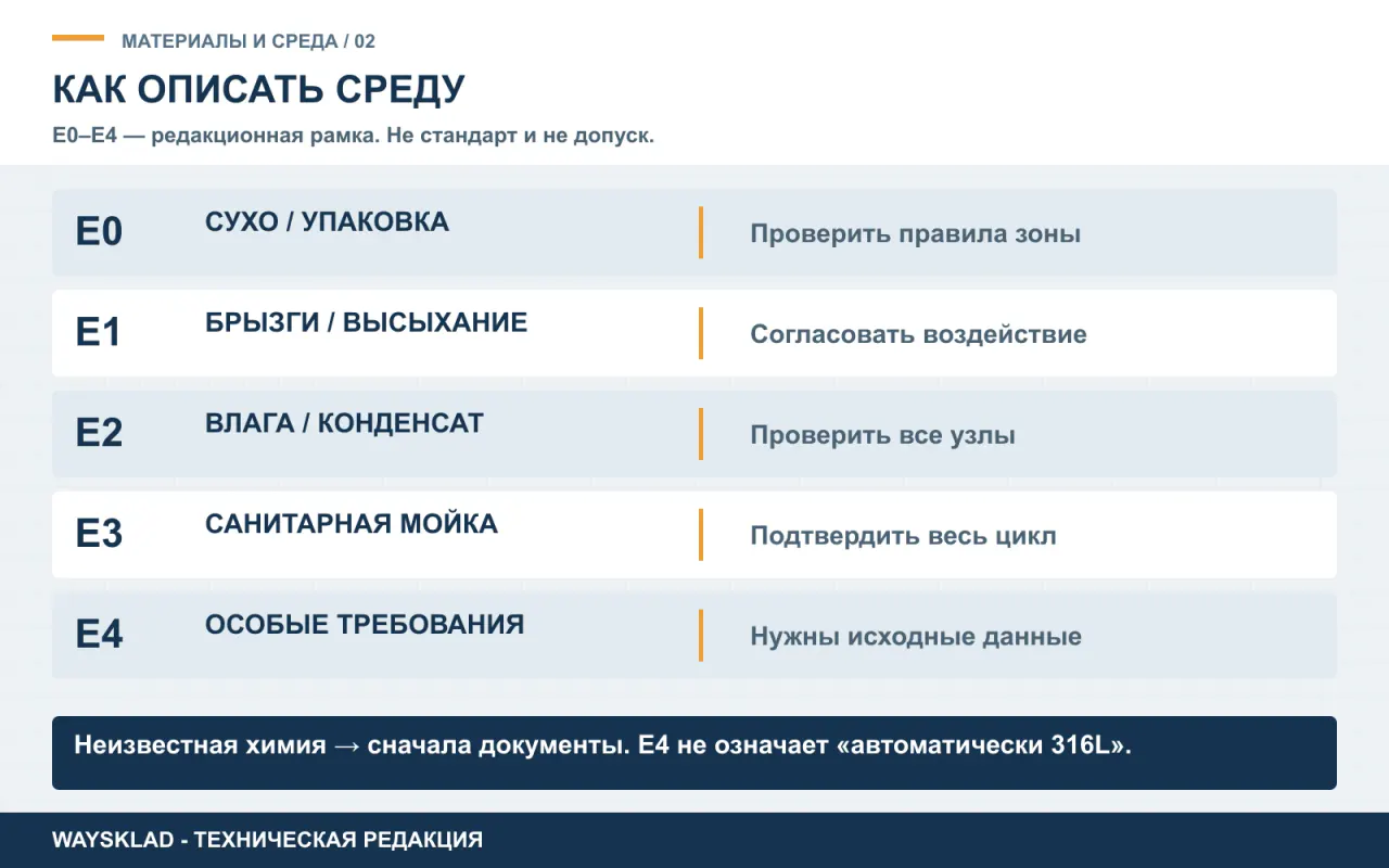 Редакционная карта среды E0–E4: от сухой упаковочной зоны до специальных требований