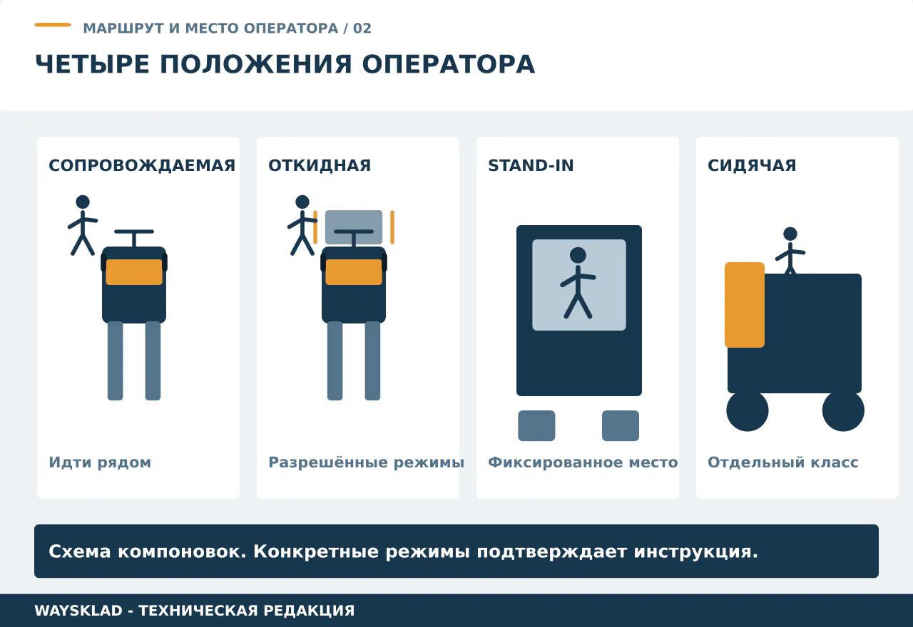 Схема четырёх компоновок электротележек: пеший оператор, откидная платформа, stand-in и сидячий транспортировщик