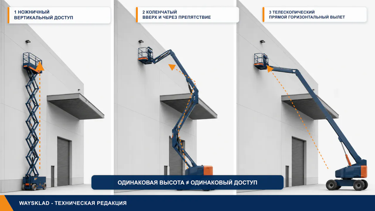 Ножничный коленчатый и телескопический подъёмники у фасада