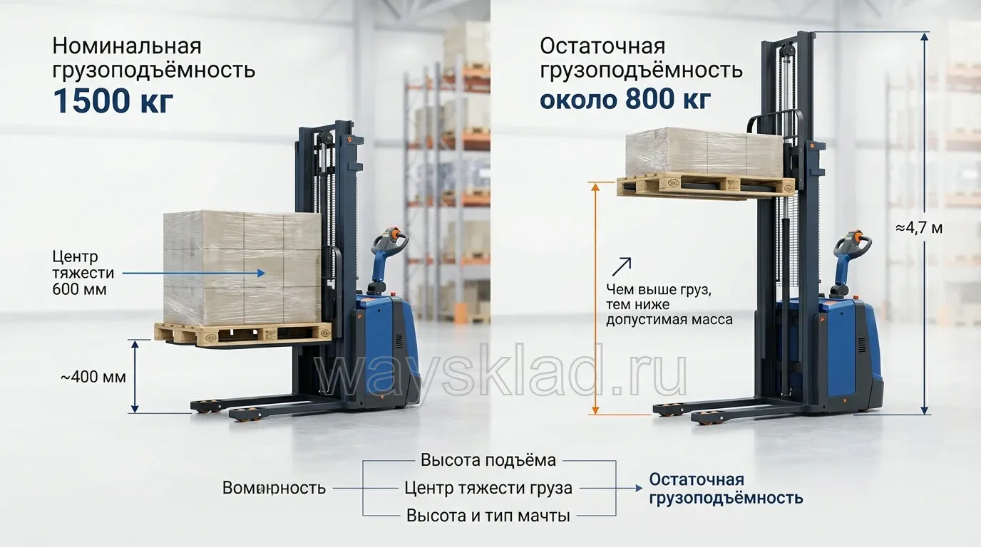 Штабелер поднимает палету к стеллажу с указанием остаточной грузоподъёмности