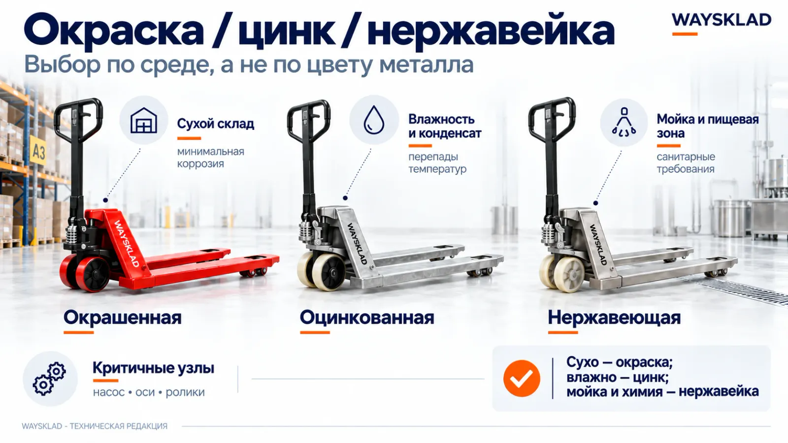 Сравнение окрашенной, оцинкованной и нержавеющей гидравлической тележки для разных условий
