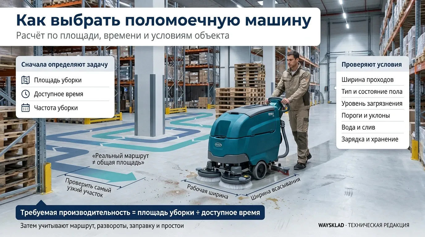 Поломоечная машина моет пол в проходе складского помещения