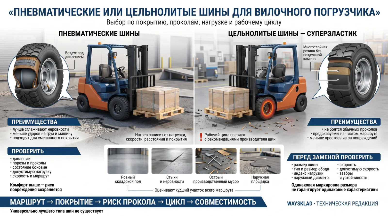 Вилочные погрузчики на пневматических и цельнолитых шинах на складе и улице