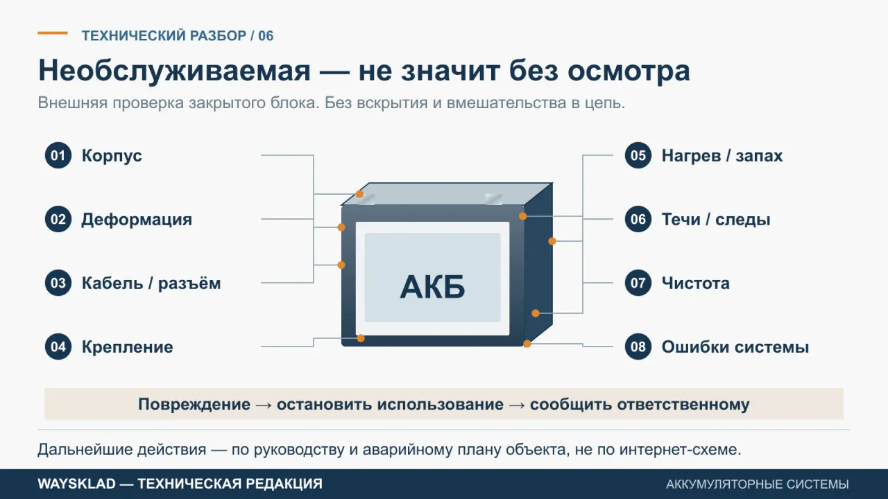 Корпус, кабель, крепление, нагрев, чистота и ошибки закрытой тяговой батареи с выносками