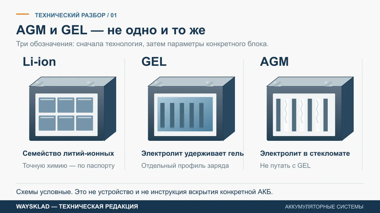 Схематическое сравнение Li-ion, гелевого электролита GEL и стекломата AGM