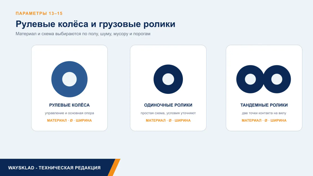 Рулевые колёса и одиночные и тандемные грузовые ролики рохли