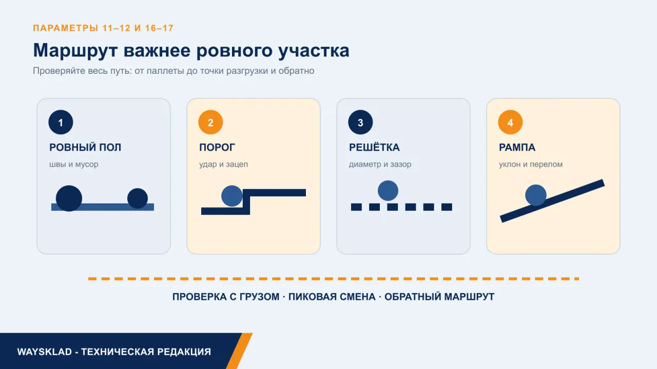 Проверка пола порога решётки и рампы на маршруте гидравлической тележки