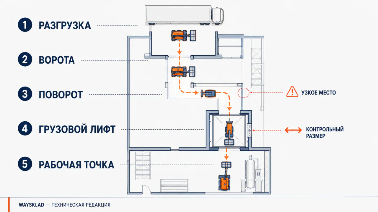 Маршрут подъёмника от разгрузки до рабочей точки