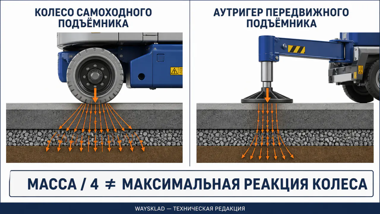 Колёсная и опорная нагрузка подъёмника на пол