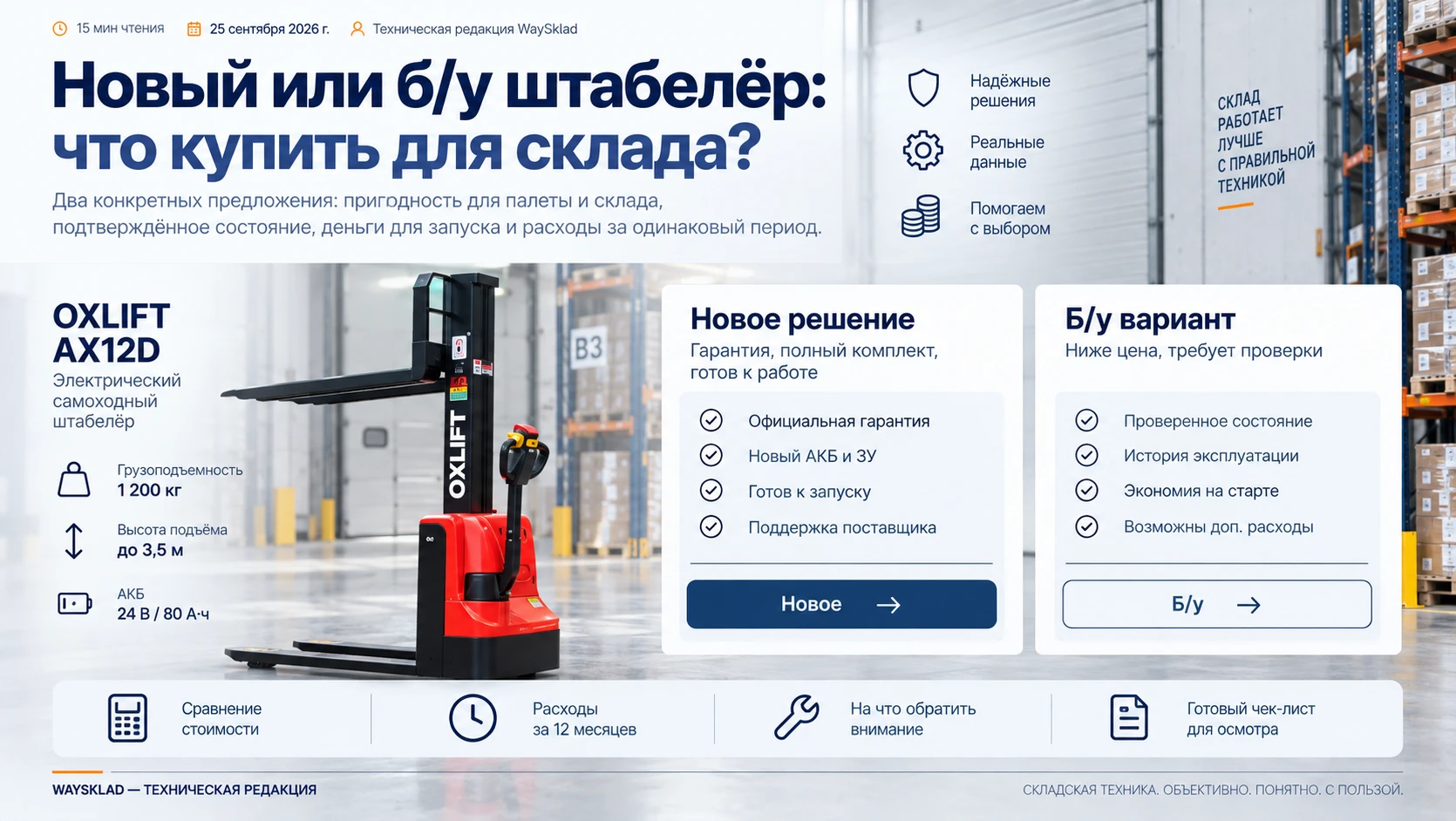 Реальный штабелёр OXLIFT AX12D и две редакционные карточки предложений
