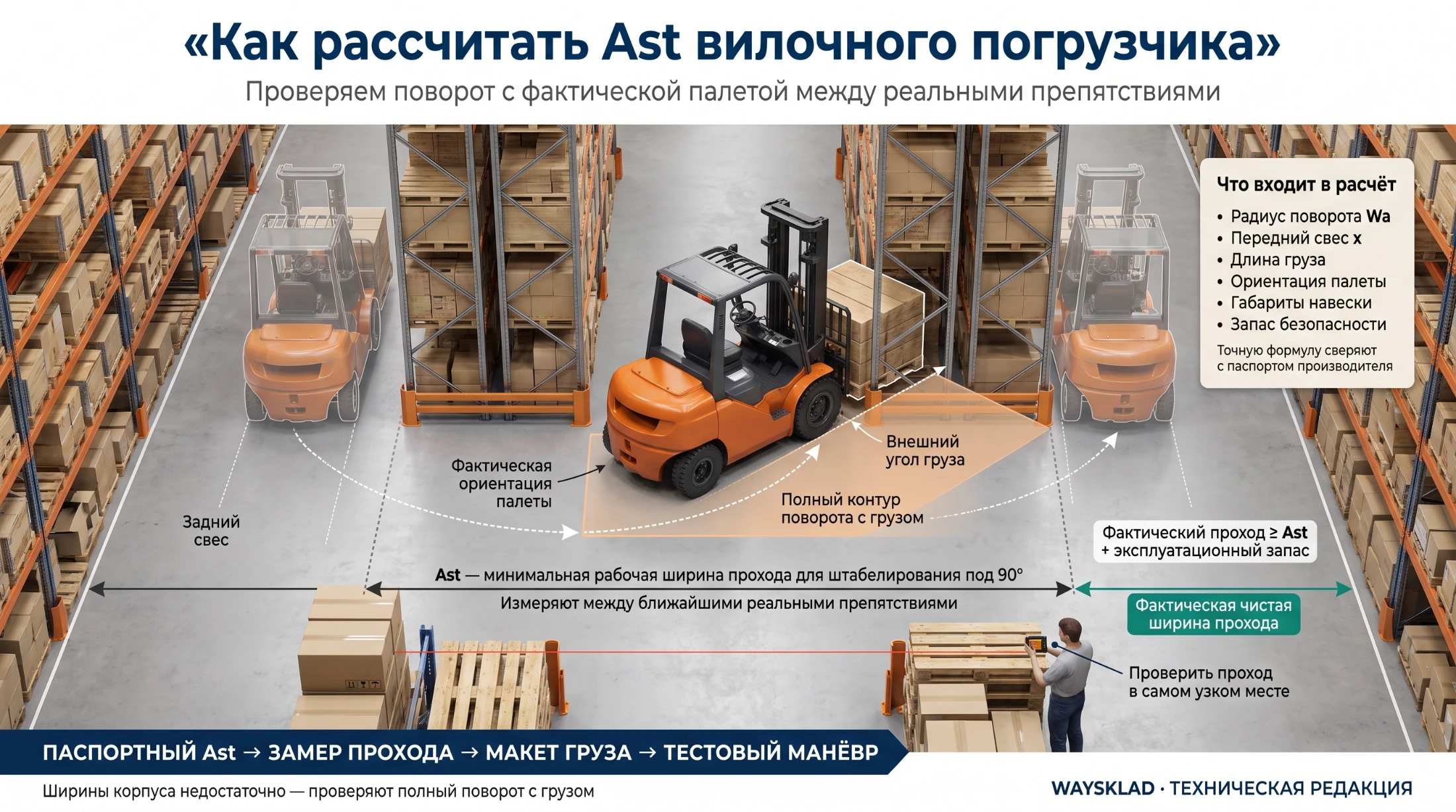 Проверка ширины прохода Ast вилочного погрузчика с палетой между стеллажами