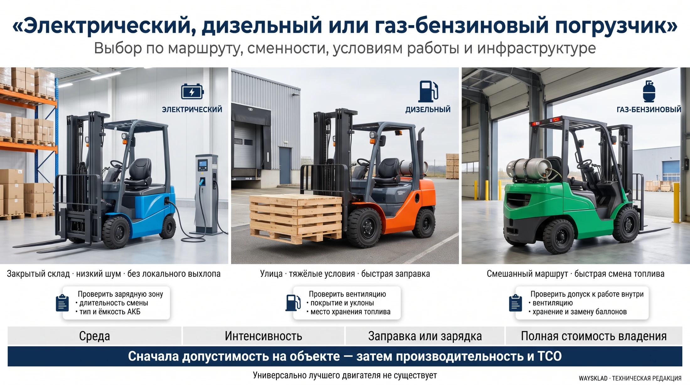 Электрический, дизельный и газ-бензиновый вилочные погрузчики на складе и открытой площадке