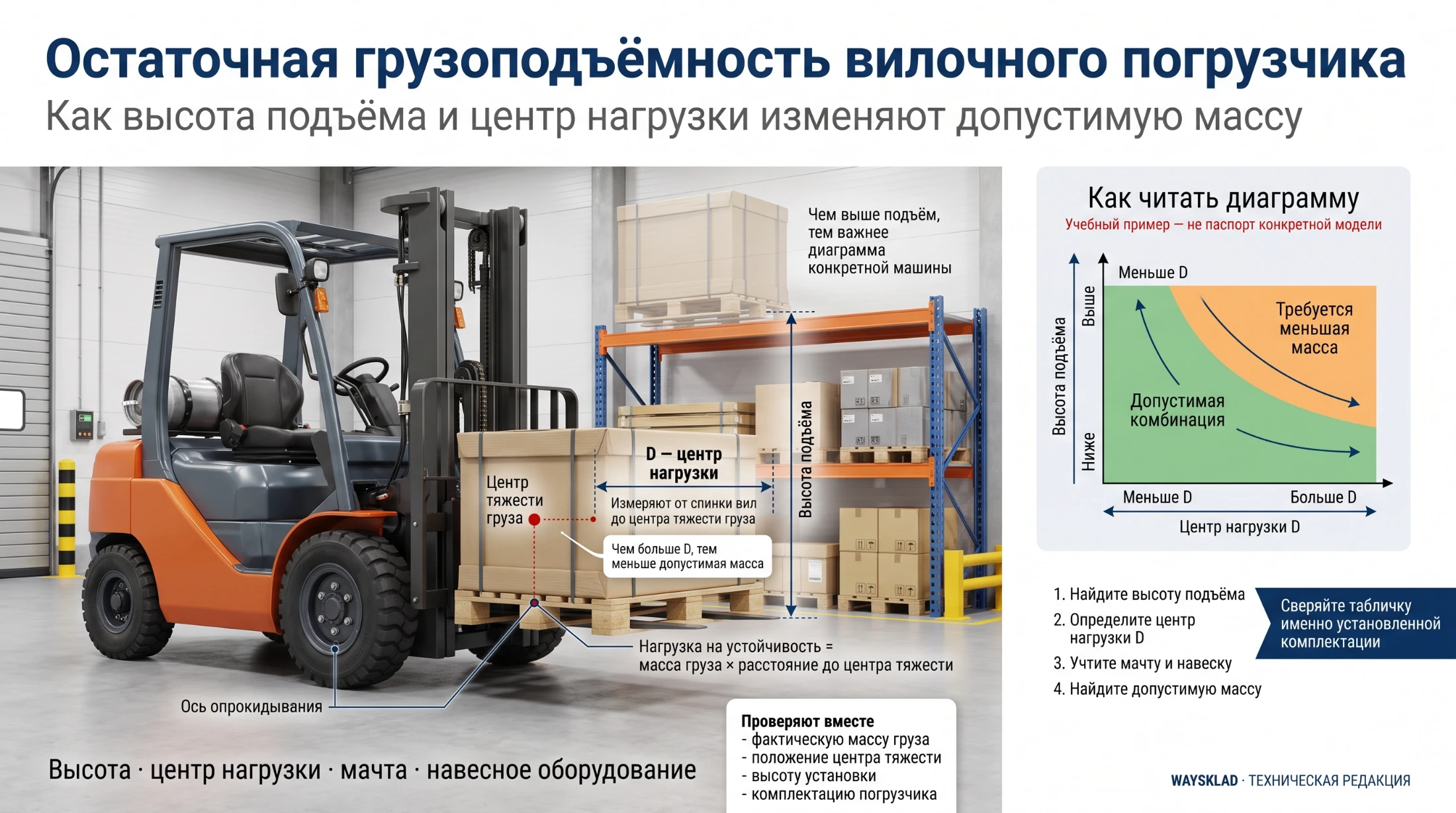 Диаграмма остаточной грузоподъёмности вилочного погрузчика рядом с палетой на вилах