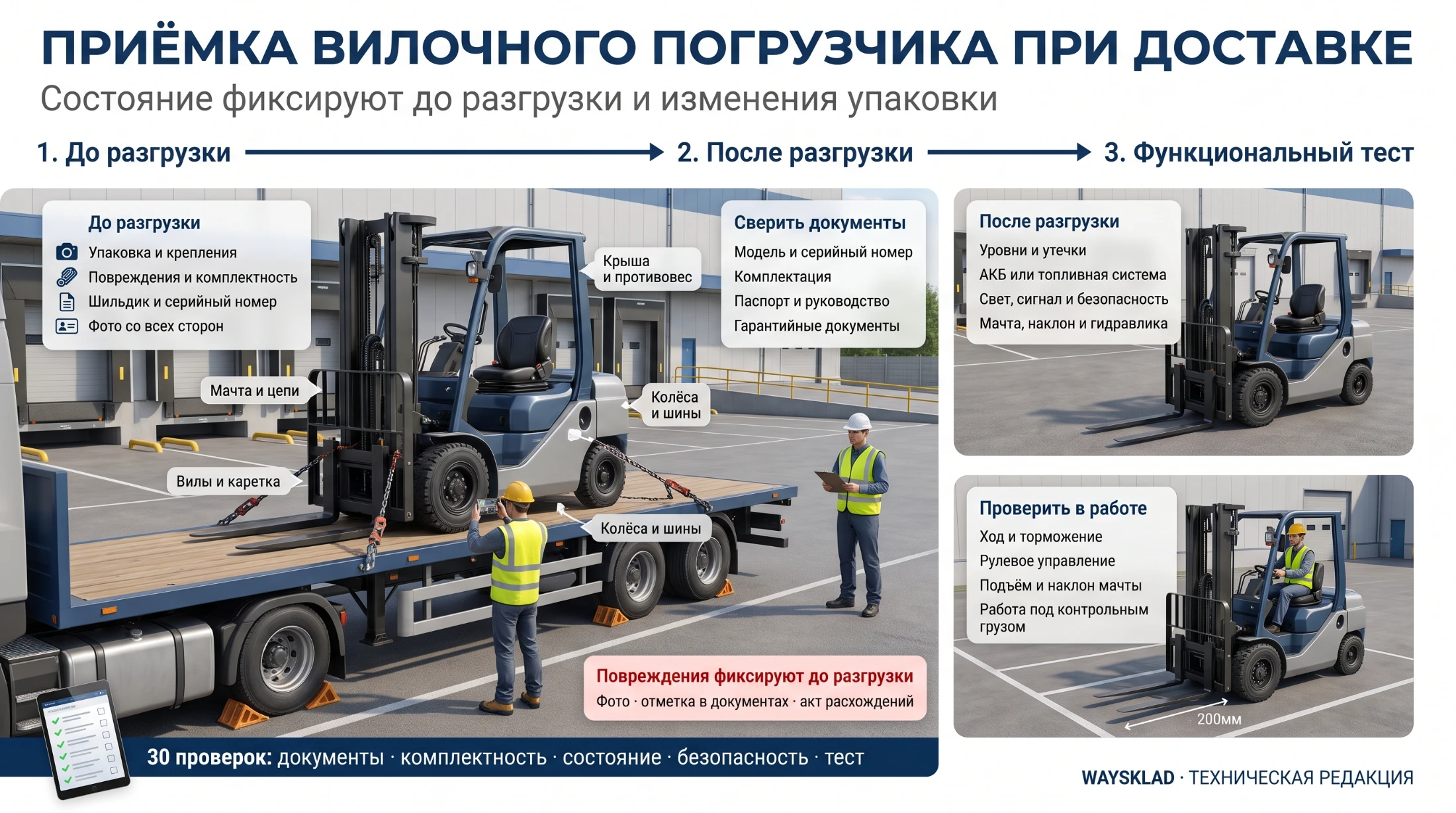Проверка вилочного погрузчика при приёмке после доставки