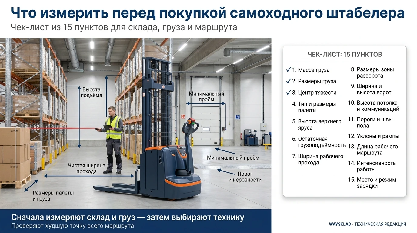Специалист измеряет проход и паллету перед подбором самоходного штабелера