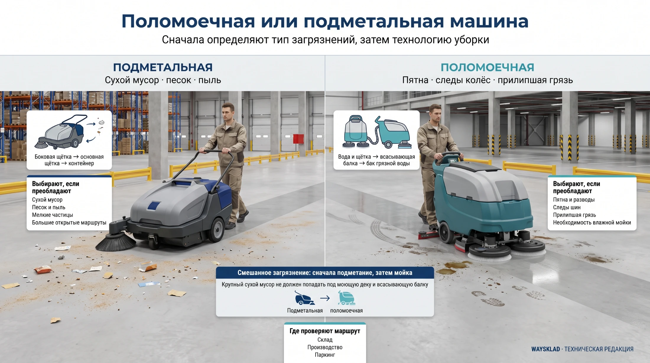 Подметальная и поломоечная машины убирают сухой мусор и следы шин на складе