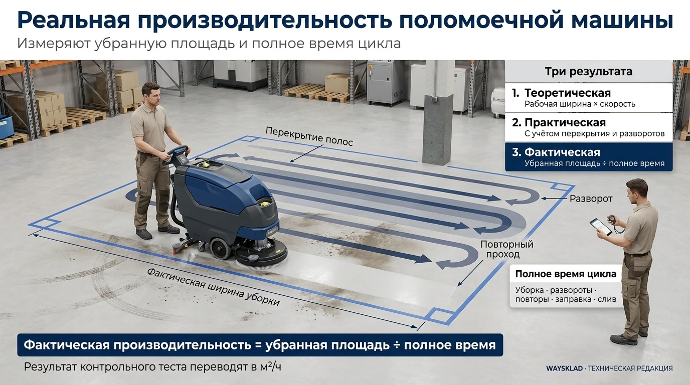 Поломоечная машина очищает размеченный участок пола для замера производительности