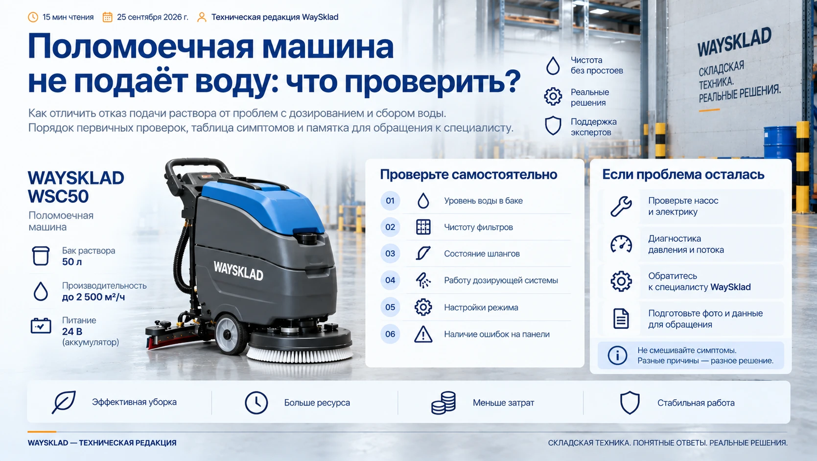 Поломоечная машина TOR PRACTIC 51 на нейтральном фоне; подача, дозирование и водосбор — разные задачи