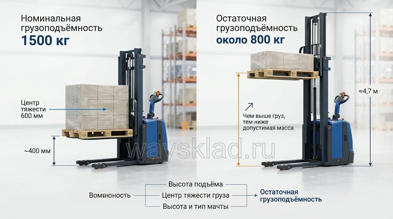 Штабелер поднимает палету к стеллажу с указанием остаточной грузоподъёмности