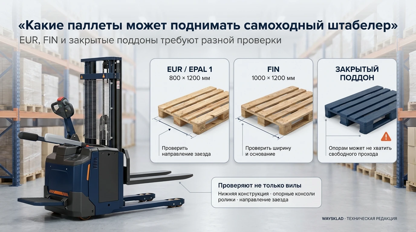 Сравнение европаллеты, FIN и закрытого поддона перед штабелером