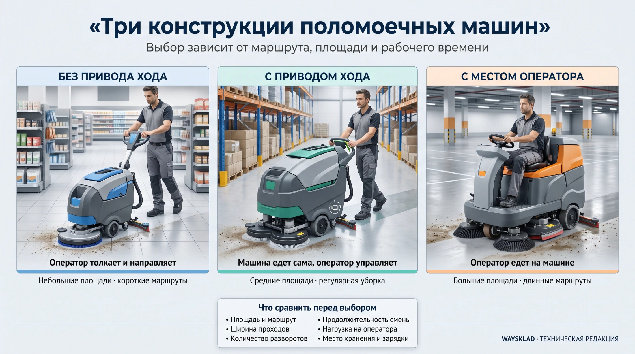 Ручная, самоходная сопровождаемая и поломоечная машина с местом оператора