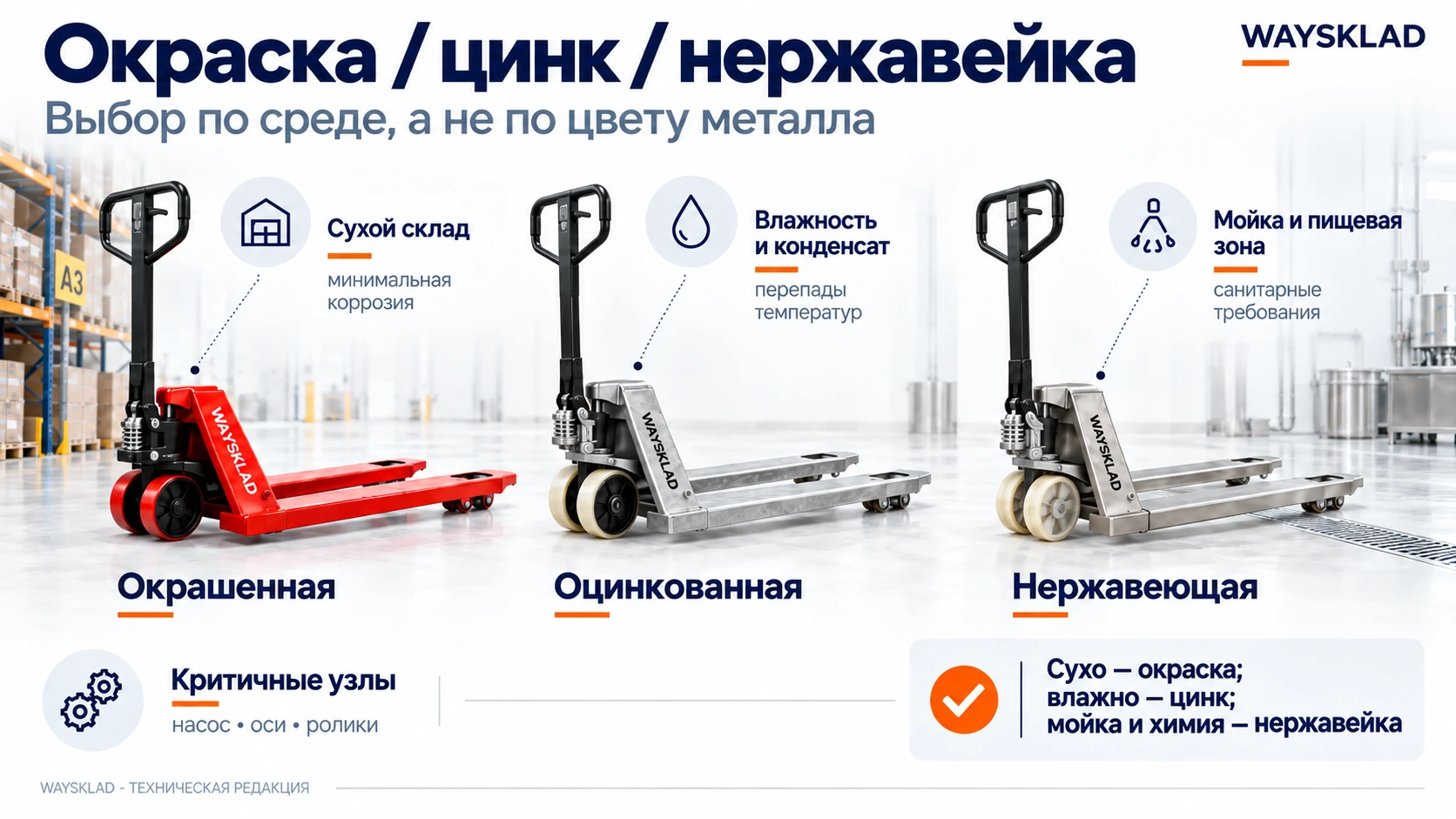Сравнение окрашенной, оцинкованной и нержавеющей гидравлической тележки для разных условий