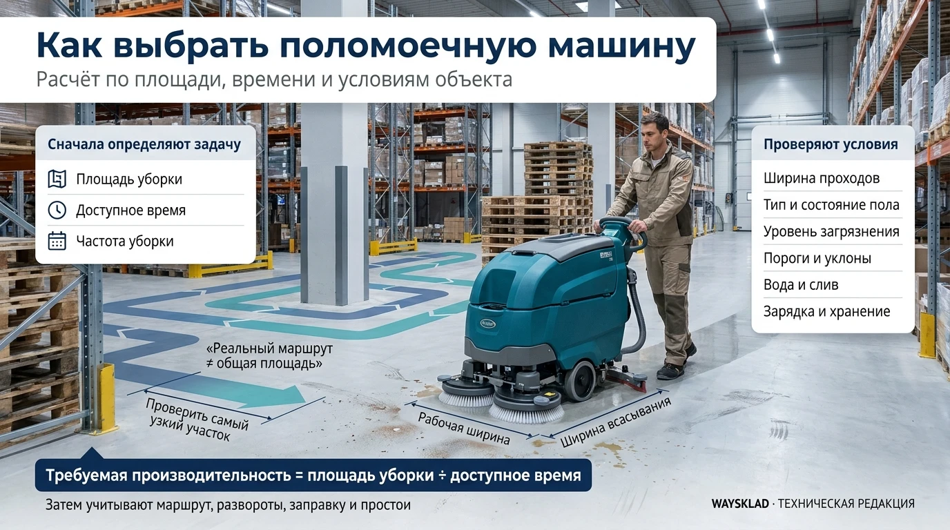 Поломоечная машина моет пол в проходе складского помещения